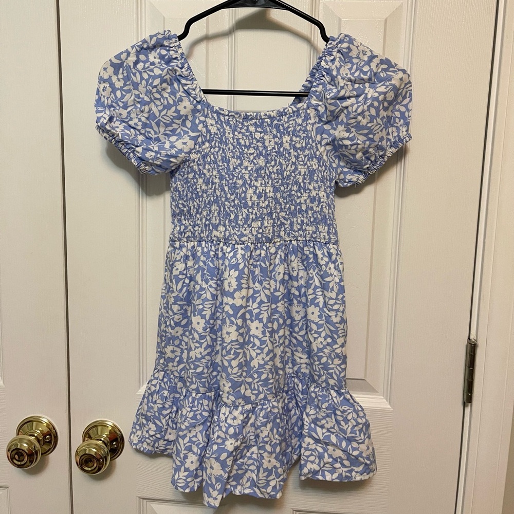 Little Girl’s Puff Sleeve Baby Blue/ White Floral Dress